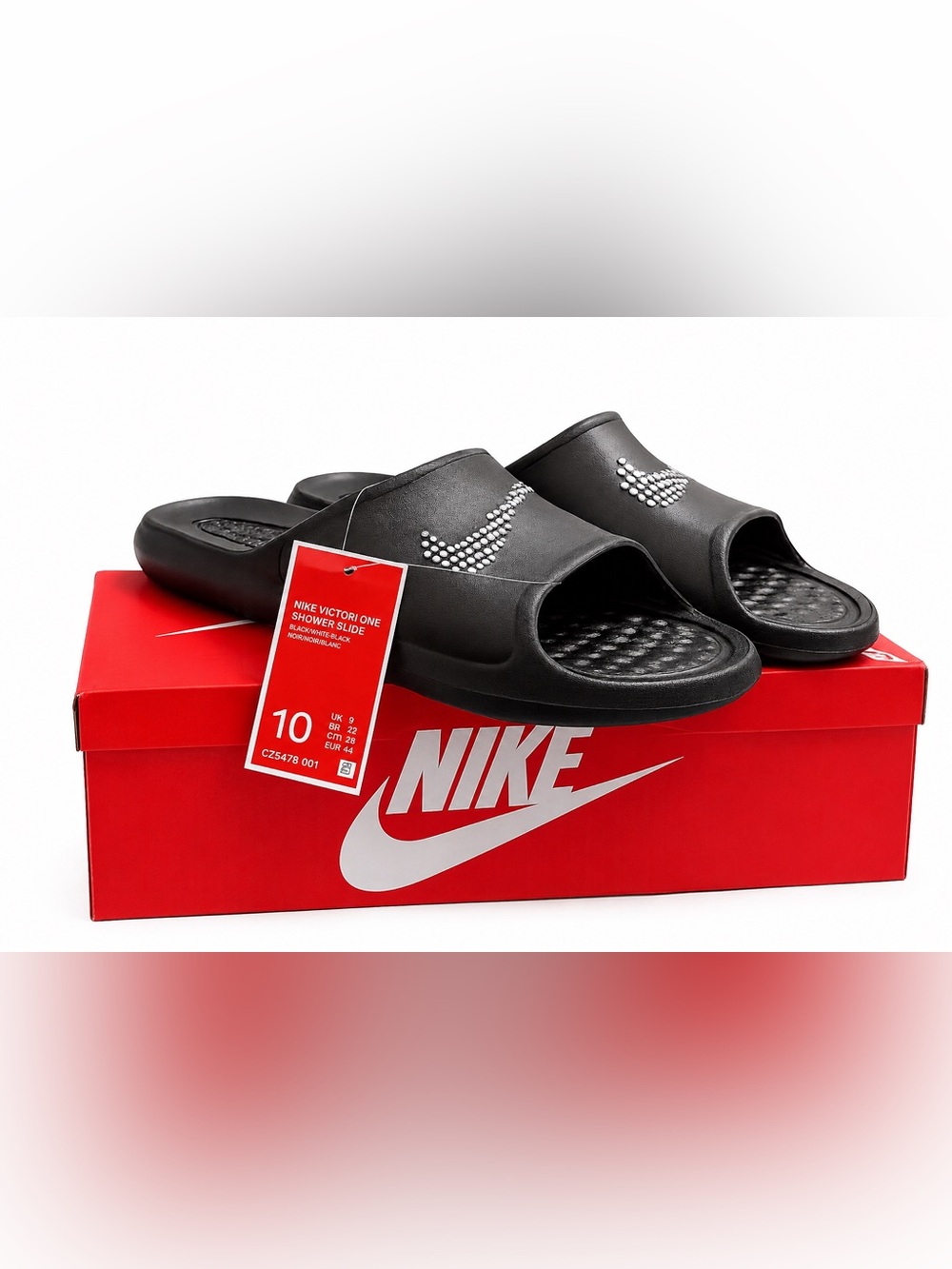 Nike Black Slide Sandals with White Dot Swoosh